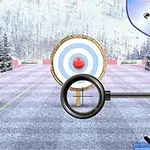 Celowanie do tarczy łuczniczej na tle ośnieżonego krajobrazu z oznaczeniem dystansu 30 metrów