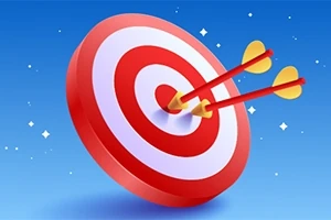 Czerwono-biała tarcza strzelnicza z dwoma wbitymi strzałkami na niebieskim tle