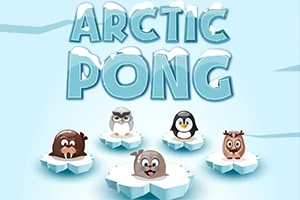 Napis Arctic Pong i zwierzęta, takie jak foka, pingwin, sowa, bóbr i renifer na lodowych platformach