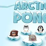Napis Arctic Pong i zwierzęta, takie jak foka, pingwin, sowa, bóbr i renifer na lodowych platformach