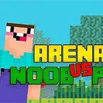 Postacie w pikselowej grafice z tekstem ARENA: NOOB VS PRO na tle z drzewami