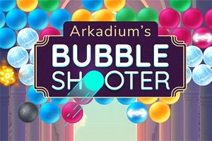 Kolorowe kulki ustawione w rzędach z dużym logo Bubble Shooter na środku