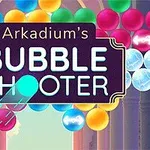 Kolorowe kulki ustawione w rzędach z dużym logo Bubble Shooter na środku