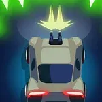 Samochód z zamontowaną na dachu bronią strzela zielonymi pociskami w jasno oświetlonym otoczeniu