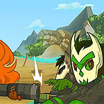 Postacie z komiksowymi, barwnymi rysunkami, jedna z ognistymi włosami trzymająca duży miecz, a druga w maskującym stroju na tle gór i morza