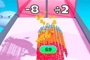 Kolorowe ołówki skierowane ku przeszkodzie z matematycznymi symbolami, otoczone wirtualnym niebem i chmurami