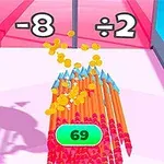 Kolorowe ołówki skierowane ku przeszkodzie z matematycznymi symbolami, otoczone wirtualnym niebem i chmurami