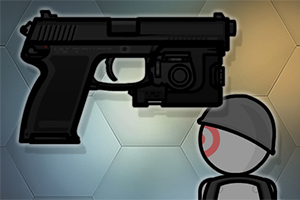 Pistolet na tle kolorowych sześciokątnych kafelków z postacią w kasku obok