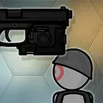 Pistolet na tle kolorowych sześciokątnych kafelków z postacią w kasku obok