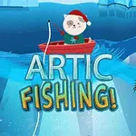 Kot w czerwonej czapce i świątecznym swetrze w łódce w lodowej scenerii z wędką nad wodą