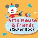 Myszka w czapce trzyma klej i nożyczki, obok widoczny napis Arty Mouse & Friends Sticker Book na jasnym tle z kolorowymi trójkątami
