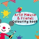 Myszka z pędzlem i kolorowe kleksy farby na turkusowym tle z napisem Arty Mouse & Friends Colouring Book, ozdobione trójkątnymi chorągiewkami