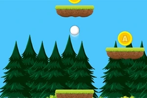 Białą piłkę skaczącą pomiędzy platformami na tle lasu z monetami unoszącymi się w powietrzu