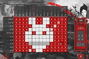 Plansza z siatką tworzącą pikselowy obrazek królika z białych i czerwonych kwadratów, z widocznymi liczbami i postacią po prawej stronie
