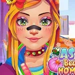 Dwie postacie z kreskówki; jedna z kolorowymi włosami i makijażem, druga w białym fartuchu, na kolorowym tle z napisami