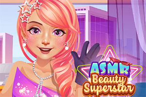 Różowowłosa kobieta z gwiazdkami we włosach i fioletową sukienką uśmiecha się na tle budynków, obok niej logo z napisem ASMR Beauty Superstar