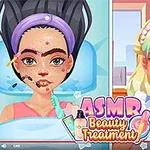 Dwie postacie z kreskówki, jedna z trądzikiem otrzymująca zabieg kosmetyczny, a druga z makijażem i włosami udekorowanymi perłami, na kolorowym tle z napisem ASMR Beauty Treatment