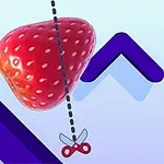 Truskawka zawieszona na linii przerywanej nad fioletowym kształtem strzałki i obrazkiem nożyczek