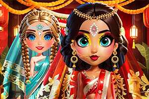 Dwie postacie w stylu lalkowym ubrane w kolorowe, ozdobne stroje i biżuterię, stojące na tle jasnych dekoracji z lampionami