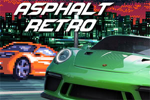 Zielony sportowy samochód z nowoczesnymi reflektorami na tle nocnego miasta w pikselartowym stylu, z napisem Asphalt Retro