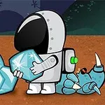 Kosmonauta trzymający duży, błyszczący kryształ obok pokonanego kosmicznego stwora na obcej planecie