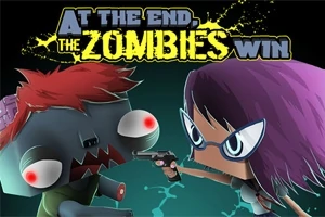 Postać z fioletowymi włosami i okularami celuje pistoletem w zielonoskórego zombie z czerwonymi włosami na ciemnym tle