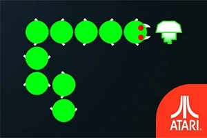 Zielony robak z czerwonymi oczami i biały grzybek na czarnym tle z logo Atari w prawym dolnym rogu