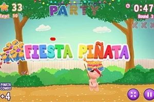 Kolorowa scena z napisem FIESTA PIÑATA, przedstawiająca postać celującą w piñatę w otoczeniu drzew i dekoracji imprezowych