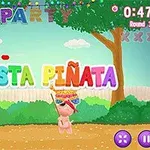 Kolorowa scena z napisem FIESTA PIÑATA, przedstawiająca postać celującą w piñatę w otoczeniu drzew i dekoracji imprezowych