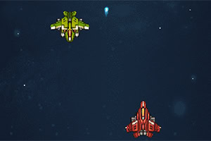 Dwa kolorowe, pikselowe statki kosmiczne na ciemnym tle, jeden zielony i drugi czerwony