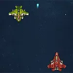 Dwa kolorowe, pikselowe statki kosmiczne na ciemnym tle, jeden zielony i drugi czerwony