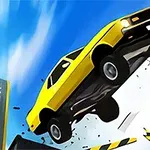 Żółty samochód skacze z rampy na tle nieba z rozsypującymi się elementami drogi