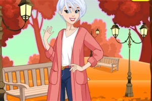 Postać z białymi włosami w różowym płaszczu, stojąca na tle jesiennego parku z ławkami i latarniami