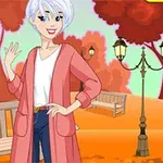 Postać z białymi włosami w różowym płaszczu, stojąca na tle jesiennego parku z ławkami i latarniami