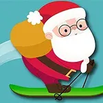 Mikołaj na nartach z workiem prezentów na plecach i niebieskim tłem