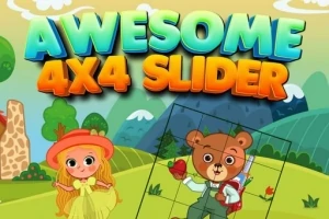 Dziewczynka w kapeluszu i niedźwiedź w plecaku na tle górskiego krajobrazu z napisem Awesome 4x4 Slider