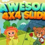 Dziewczynka w kapeluszu i niedźwiedź w plecaku na tle górskiego krajobrazu z napisem Awesome 4x4 Slider