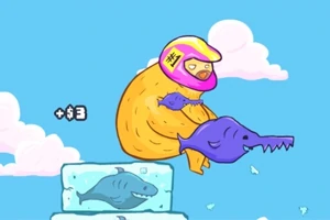 Pomarańczowy stwór w różowym kasku trzymający niebieską, zębatą rybę nad lodowym blokiem z rekinem na tle błękitnego nieba z chmurami