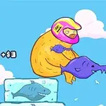 Pomarańczowy stwór w różowym kasku trzymający niebieską, zębatą rybę nad lodowym blokiem z rekinem na tle błękitnego nieba z chmurami