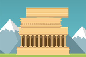 Ilustracja przedstawiająca starożytną świątynię z kolumnami na tle gór i błękitnego nieba