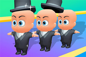 Trzy kreskówkowe postacie z dużymi oczami w eleganckich garniturach i cylindrach stoją na kolorowym tle