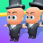 Trzy kreskówkowe postacie z dużymi oczami w eleganckich garniturach i cylindrach stoją na kolorowym tle