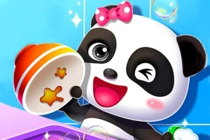 Uśmiechnięta panda z różową kokardką trzymająca miseczkę, na niebieskim tle z bąbelkami i gwiazdkami