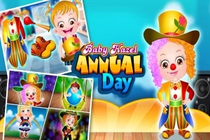 Dziewczynka w stroju klauna z różnokolorową peruką i czerwonym nosem, na kolorowym tle z różnymi zdjęciami postaci w kostiumach oraz kolorowym napisem Annual Day