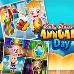 Dziewczynka w stroju klauna z różnokolorową peruką i czerwonym nosem, na kolorowym tle z różnymi zdjęciami postaci w kostiumach oraz kolorowym napisem Annual Day