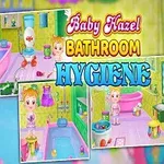 Postać dziewczynki z blond włosami na tle kolorowej łazienki z zabawkami i przyborami do mycia