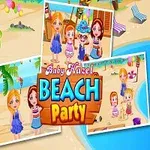 Kolorowa scena na plaży z dziećmi w strojach kąpielowych, palmami, leżakami i napisem Beach Party