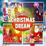 Postać małej dziewczynki w czerwonym stroju i nausznikach świątecznych, stojącej obok Mikołaja na tle kolażu z obrazkami świątecznymi, z dużym napisem Baby Hazel Christmas Dream