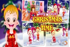 Dziewczynka w czerwonej sukience na tle zdjęć przedstawiających sceny świąteczne z napisem Baby Hazel Christmas Time