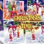 Dziewczynka w czerwonej sukience na tle zdjęć przedstawiających sceny świąteczne z napisem Baby Hazel Christmas Time